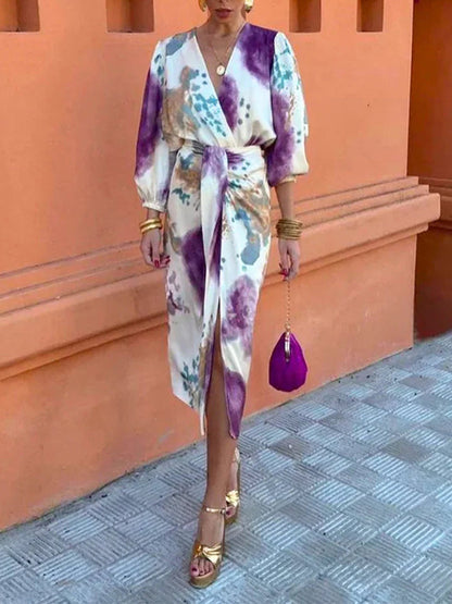 Split-side Split-Joint Pleated Contrast Color Puff Sleeves Plus Size V-neck Two Pieces Set Skirts Bottoms Blouses&shirts Tops