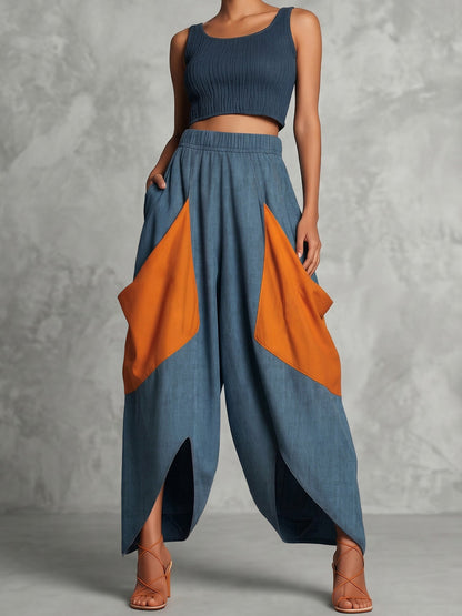 High Waisted Loose Contrast Color Elasticity Pockets Split-Joint Ninth Pants Trousers