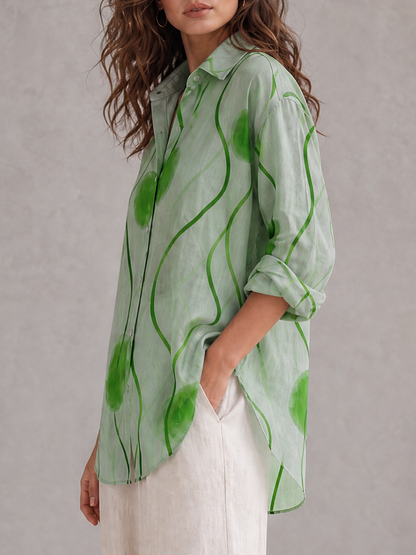 Printed Contrast Color Buttoned Loose Long Sleeves Lapel Blouses&shirts Tops