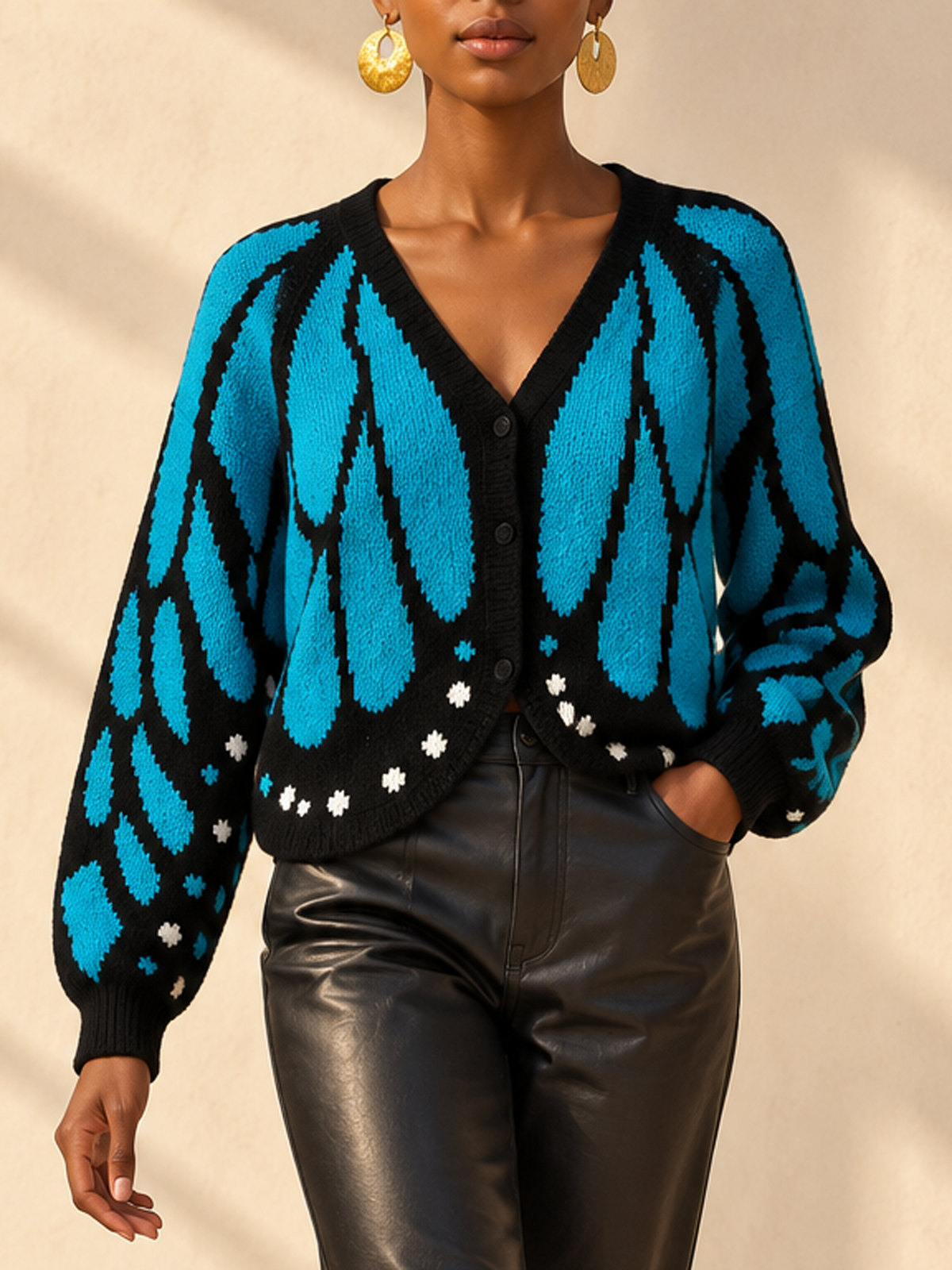 Contrast Color Butterfly Loose Long Sleeves V-neck Cardigan Tops