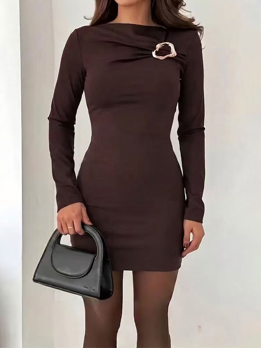 Solid Color Buckle Long Sleeves High Waisted Round-neck Mini Dresses