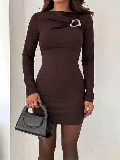 Solid Color Buckle Long Sleeves High Waisted Round-neck Mini Dresses