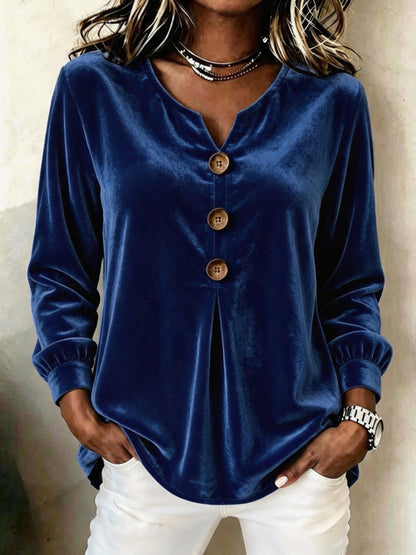 Velvet Solid Color Pleated Buttoned Loose Long Sleeves V-neck T-Shirts Tops