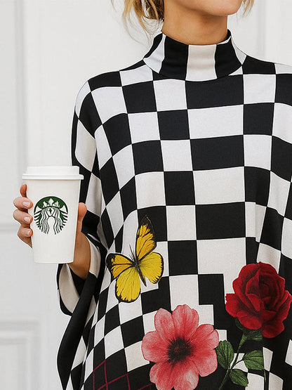 Loose Three-Quarter Sleeves Flower Print Plaid Mock Neck Blouses&Shirts Tops