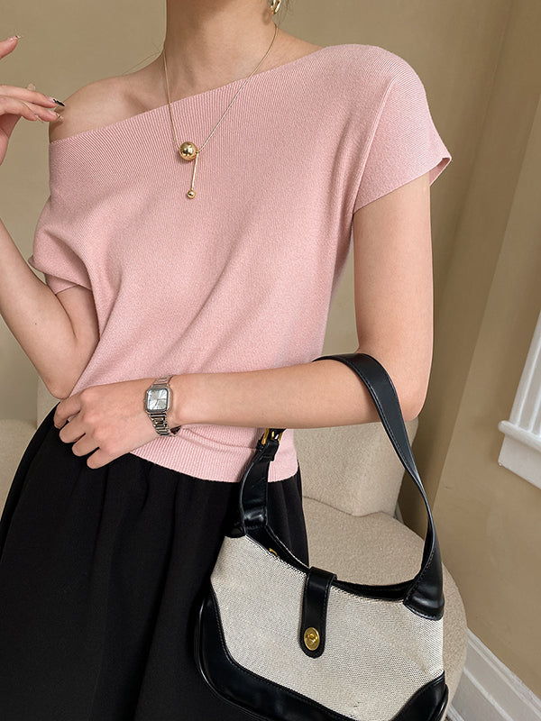 Stylish Loose Solid Color Boat Neck Knitwear Pullovers Tops PINK One_size