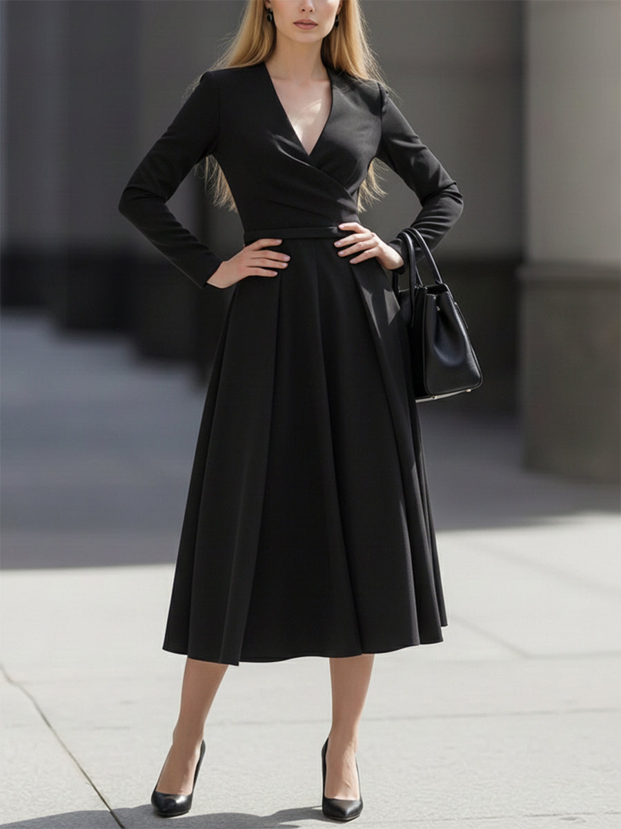 A-Line Long Sleeves Pleated Pockets Solid Color V-Neck Midi Dresses