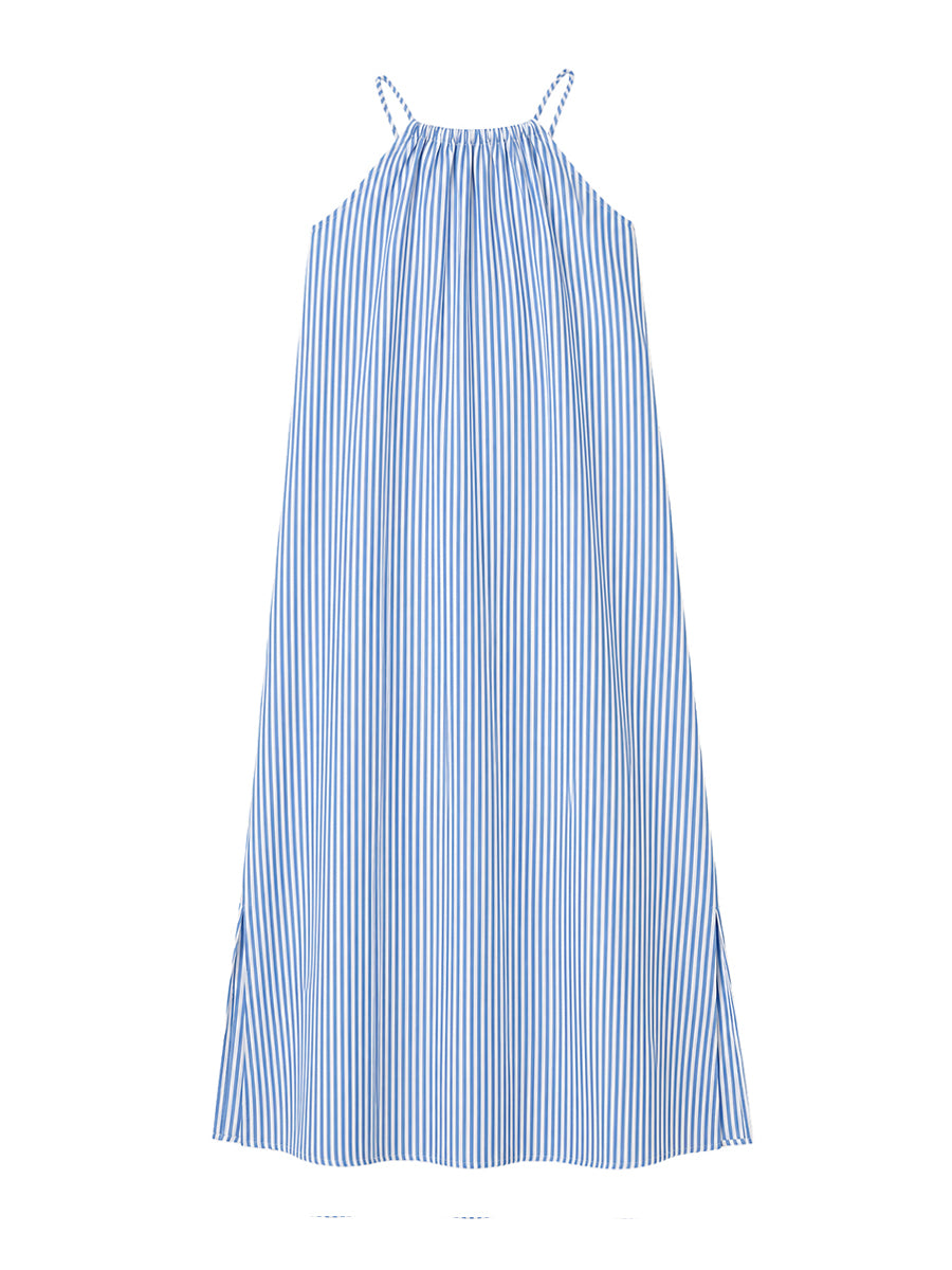 A-Line Loose Contrast Color Pleated Striped Halter-Neck Maxi Dresses