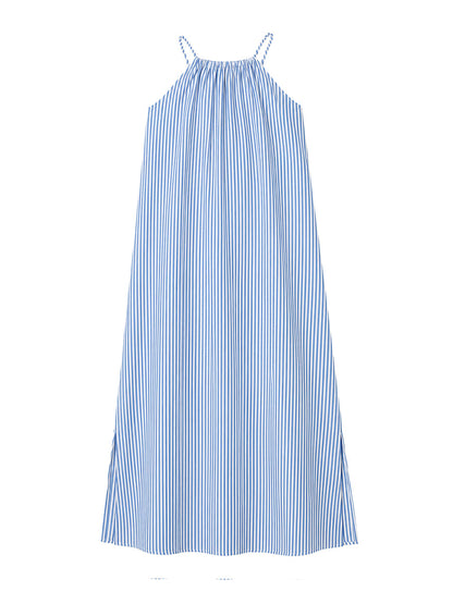A-Line Loose Contrast Color Pleated Striped Halter-Neck Maxi Dresses