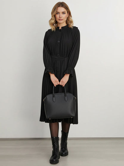 Flared Sleeves Long Sleeves Buttoned Ruffled Solid Color Tied Waist Stand Collar Midi Dresses