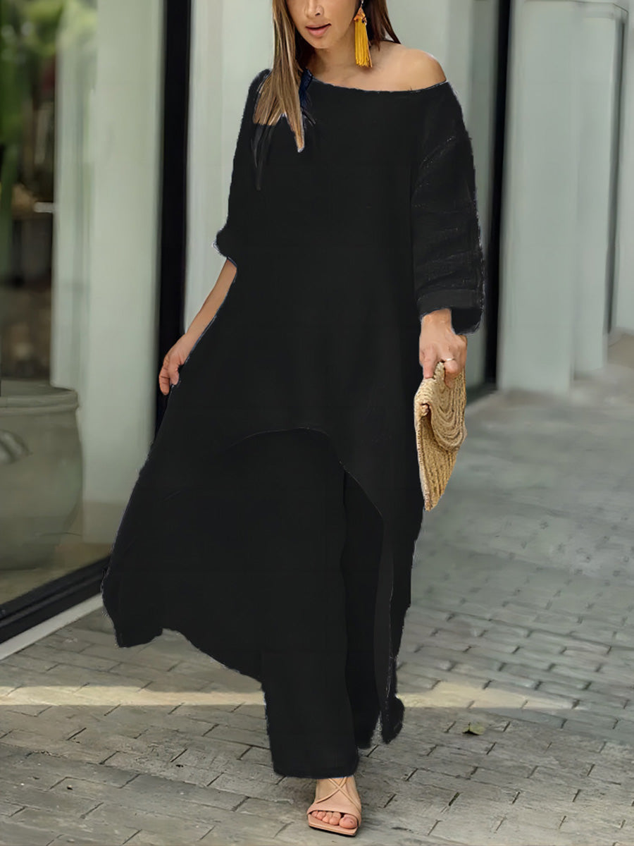 Asymmetric Solid Color High Waist High-Low Round-Neck Tops + Wide Leg Pants Bottoms Two Pieces Set