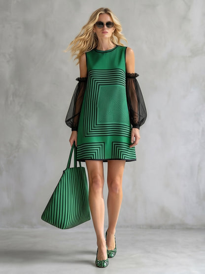 A-Line Long Sleeves Contrast Color Printed Ruffled See-Through Round-Neck Mini Dresses