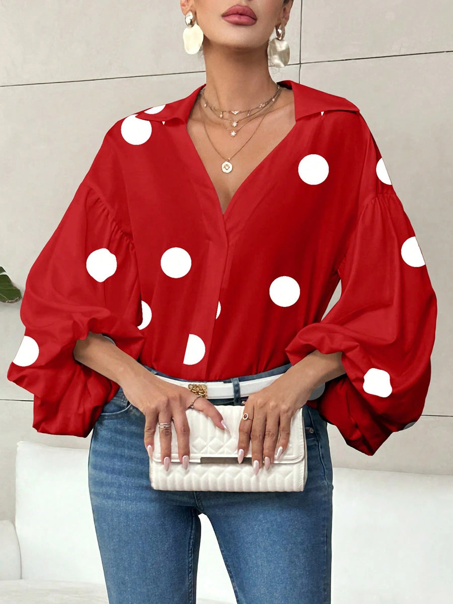 Long Sleeves Loose Contrast Color Pleated Polka Dot Split-Joint Lapel Blouses&Shirts Tops