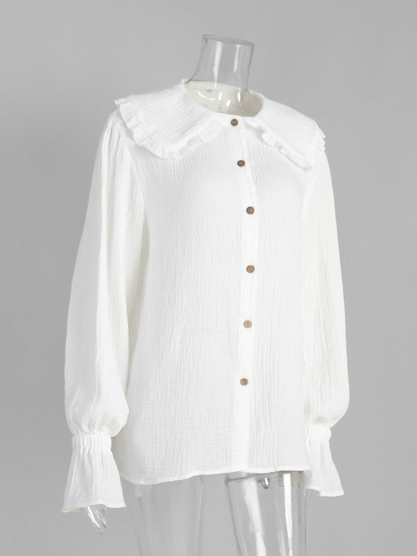 Long Sleeves Ruffled See-Through Split-Joint Peter Pan Collar Blouses&Shirts Tops