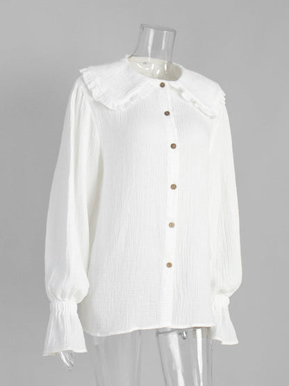Long Sleeves Ruffled See-Through Split-Joint Peter Pan Collar Blouses&Shirts Tops