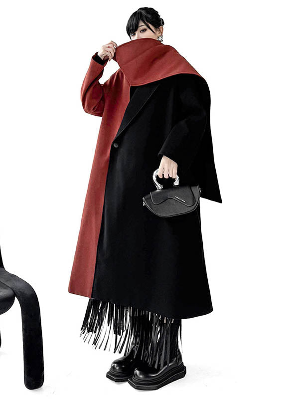 Irregularity Long Sleeves Buttoned Contrast Color Double-Breasted Split-Joint Tasseled Notched Collar Outerwear Overcoat