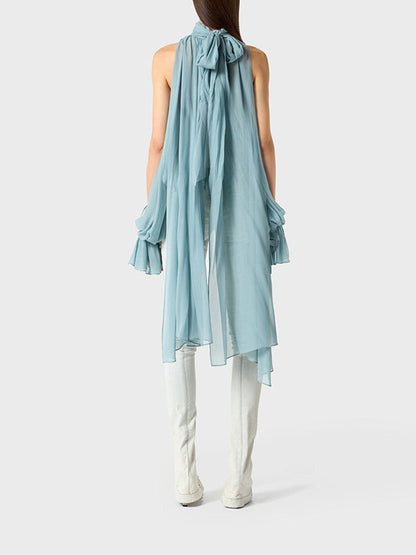 High-Low Long Sleeves Elasticity Hollow Pleated Solid Color Mock Neck Blouses&Shirts Tops