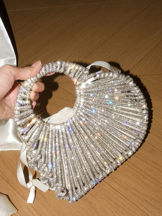 Single-Breasted Shiny Rhinestone Heart Shape Chains Handbags Crossbody Bags