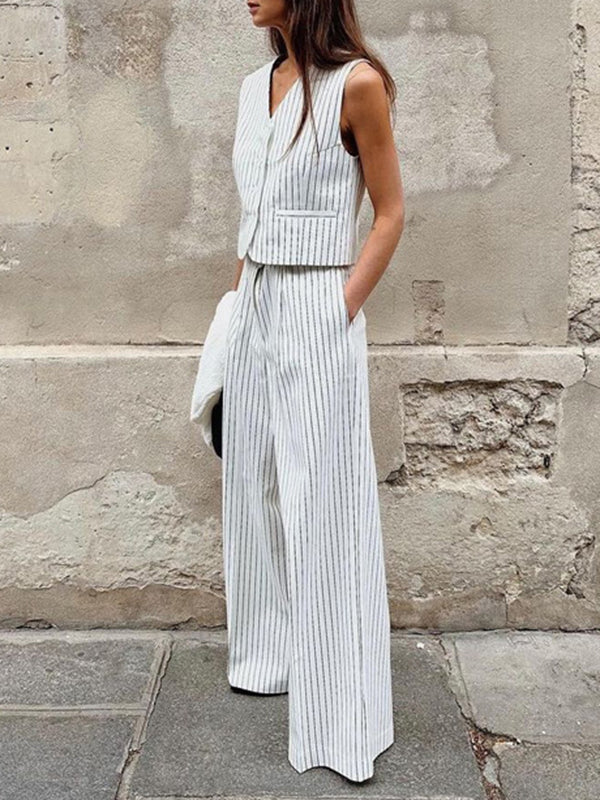 Loose Sleeveless Buttoned Striped V-Neck Vest Top + Pockets Pants Bottom Two Pieces Set