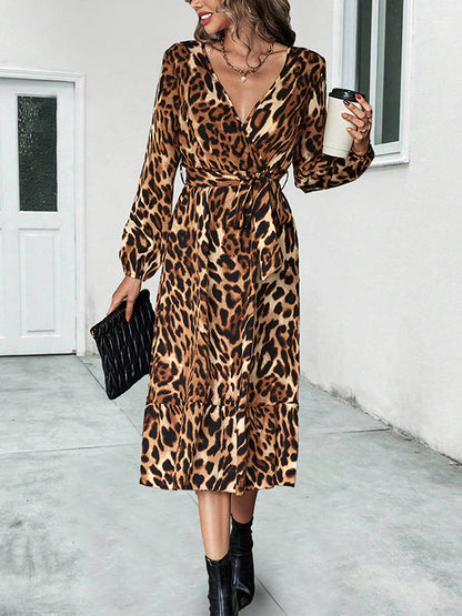 High Waisted Long Sleeves Leopard Tied Waist V-Neck Midi Dresses