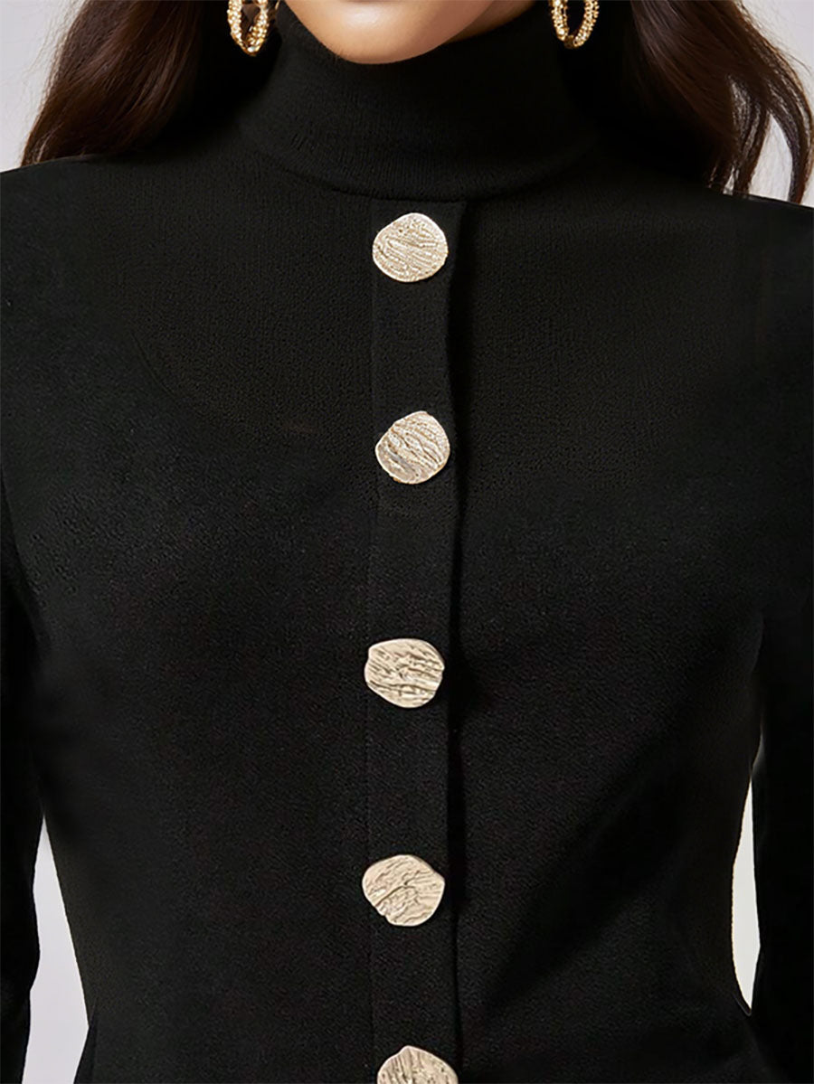 Long Sleeves Buttoned Solid Color High Neck Pullovers Sweater Tops