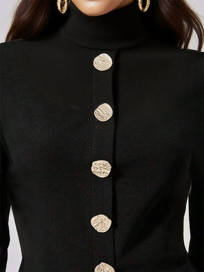 Long Sleeves Buttoned Solid Color High Neck Pullovers Sweater Tops