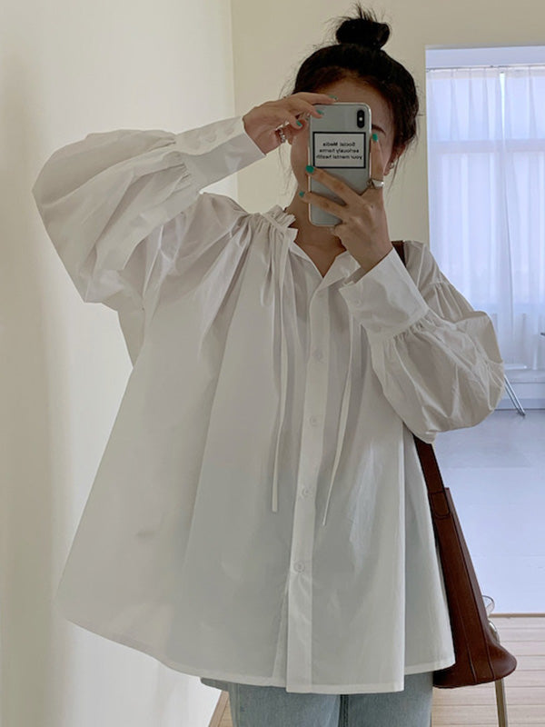 Urban Loose Puffärmel Agaric Laces Falbala Einfarbige Blusen 