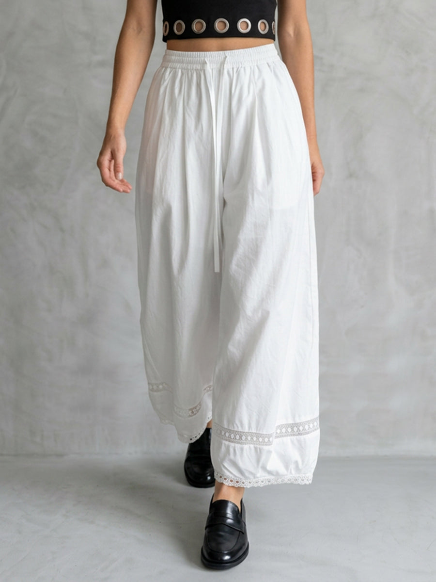 High Waisted Wide Leg Drawstring Elasticity Hollow Pockets Solid Color Split-Joint Pants Trousers