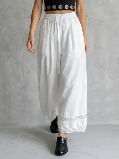 High Waisted Wide Leg Drawstring Elasticity Hollow Pockets Solid Color Split-Joint Pants Trousers