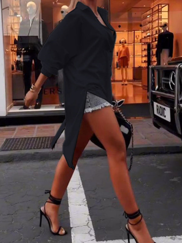 Chemisiers et chemises à manches longues, boutonnés, couleur unie, fermeture éclair, revers 