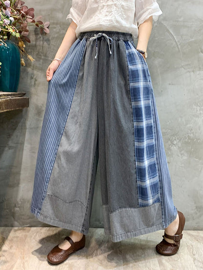 Loose  Drawstring Elasticity Plaid Split-Joint Ninth Jean Pants Bottoms