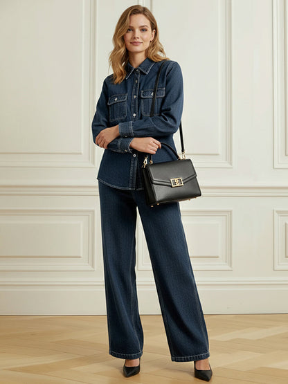 Loose Wide Leg Buttoned Pockets Solid Color Jean Pants Bottoms