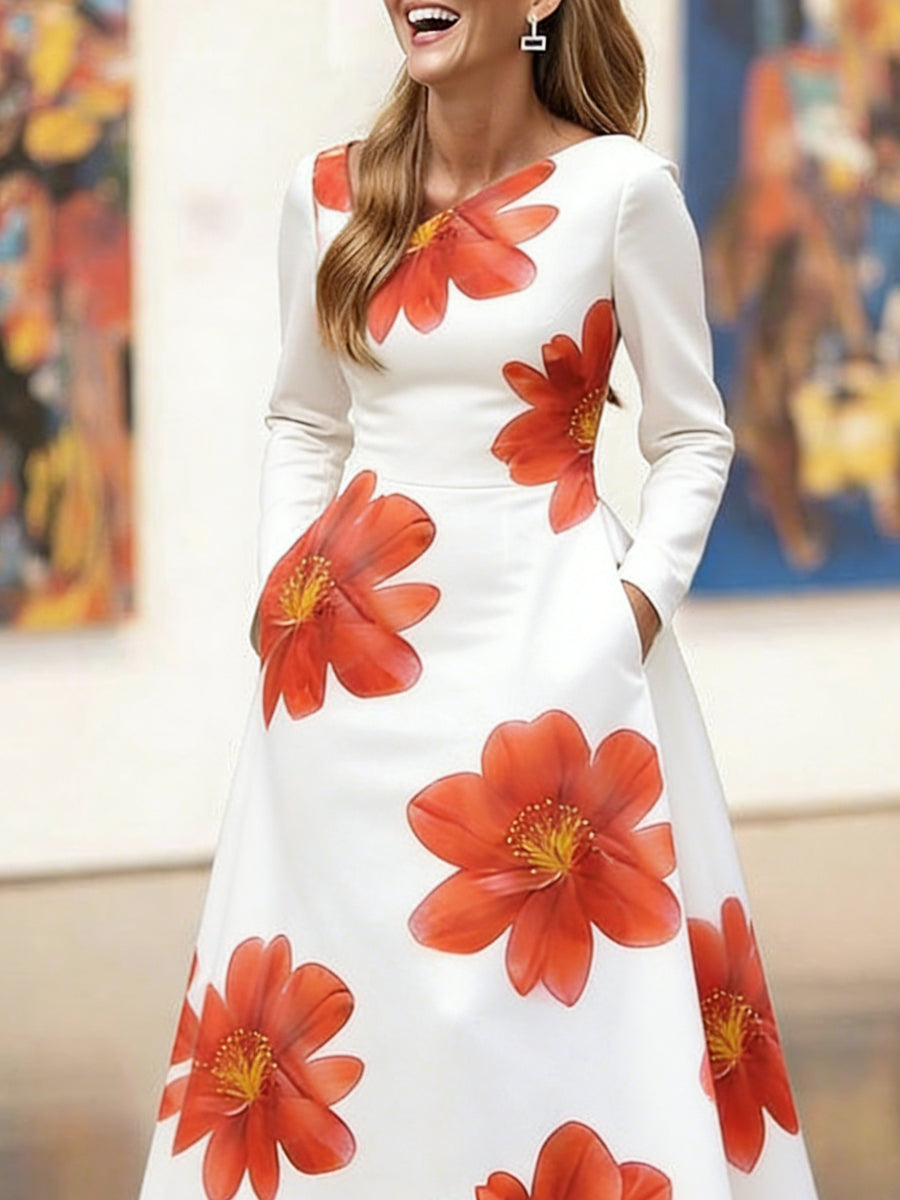 A-Line Long Sleeves Flower Print Pockets Split-Joint Asymmetric Collar Maxi Dresses
