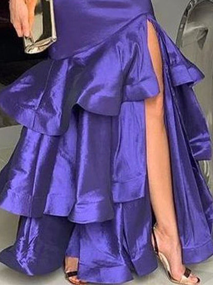 Jupe trapèze ample superposée de couleur unie avec fentes latérales 