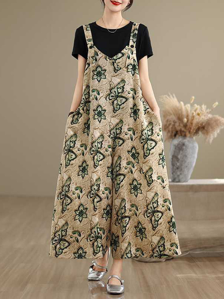 Loose Wide Leg Butterfly Print Buttoned Contrast Color Pockets Split-Joint Adjustable Straps Overalls