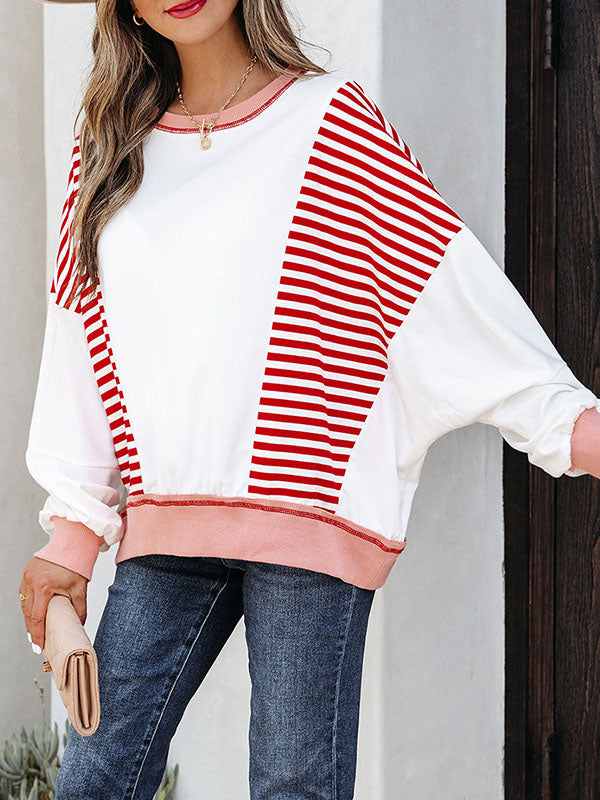 Long Sleeves Loose Contrast Color Striped Round-Neck Sweatshirt Tops