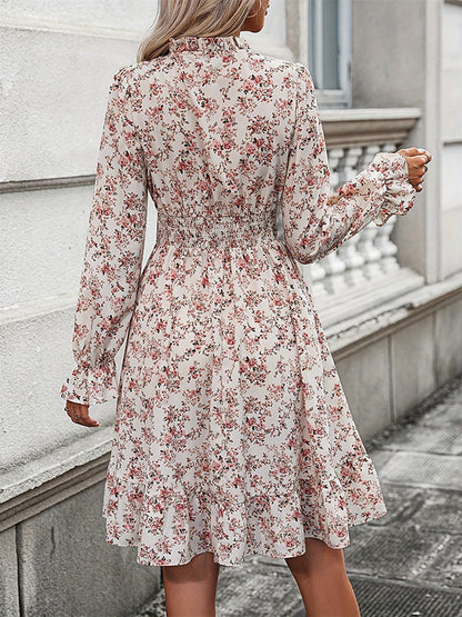 A-Line Long Sleeves Elasticity Flower Print V-Neck Midi Dresses