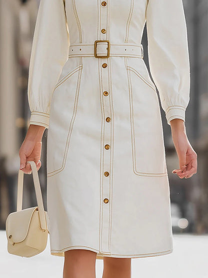 Long Sleeves Buttoned Pleated Pockets Mock Neck Midi Dresses