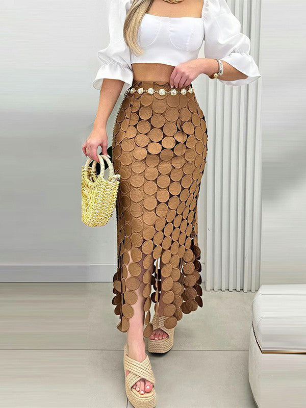 Jupe moulante taille haute à franges et fentes de couleur unie 