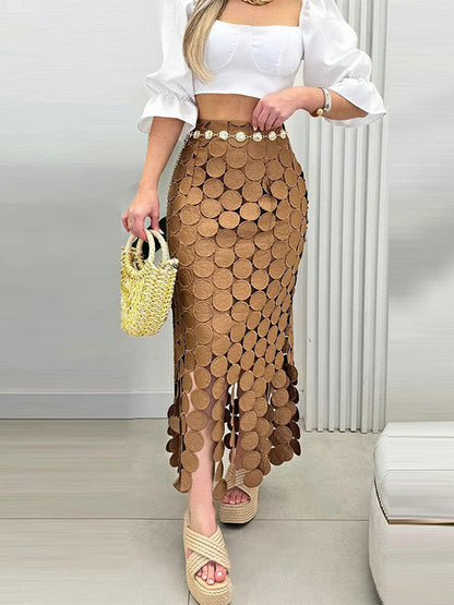 Jupe moulante taille haute à franges et fentes de couleur unie 