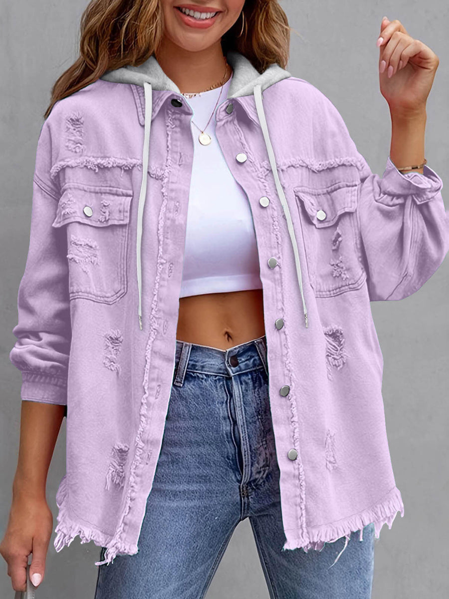 Split-Joint Pockets Fringed Buttoned Loose Long Sleeves Hooded Outerwear