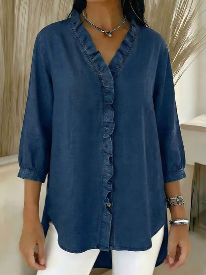 Loose Plus Size Ruffle Trim Solid Color V-Neck Blouses&Shirts Tops