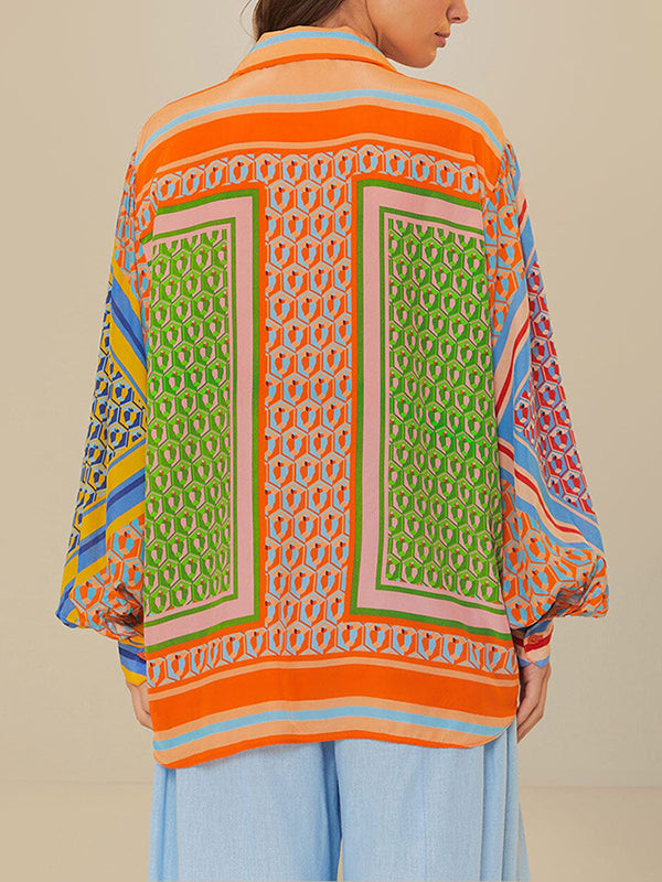 Multi-Color Patchwork Long-Sleeved Lapel Shirt Top + Baggy Pants Pocket Casual Pants Two-Piece Set