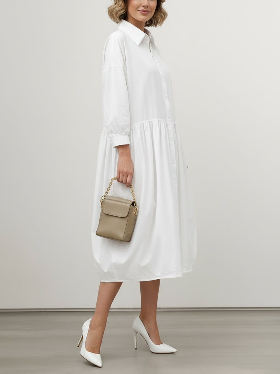 Long Sleeves Loose Buttoned Pleated Solid Color Split-Joint Lapel Midi Dresses