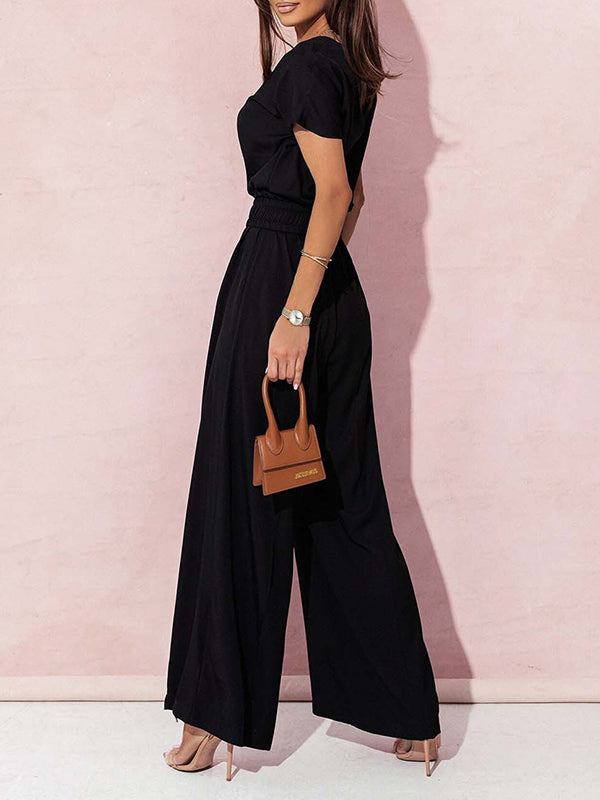 High Waisted Loose Belted Pleated V-Neck Jumpsuits