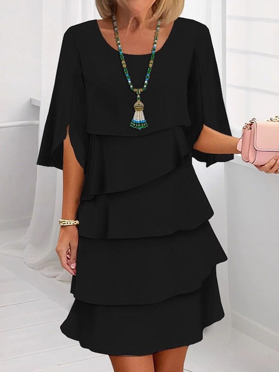 Half Sleeves Loose Layered Ruffled Solid Color Split-Joint Round-Neck Mini Dresses