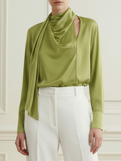 Long Sleeves Loose Asymmetric Hollow Pleated Streamer Heaps Collar Blouses&Shirts Tops