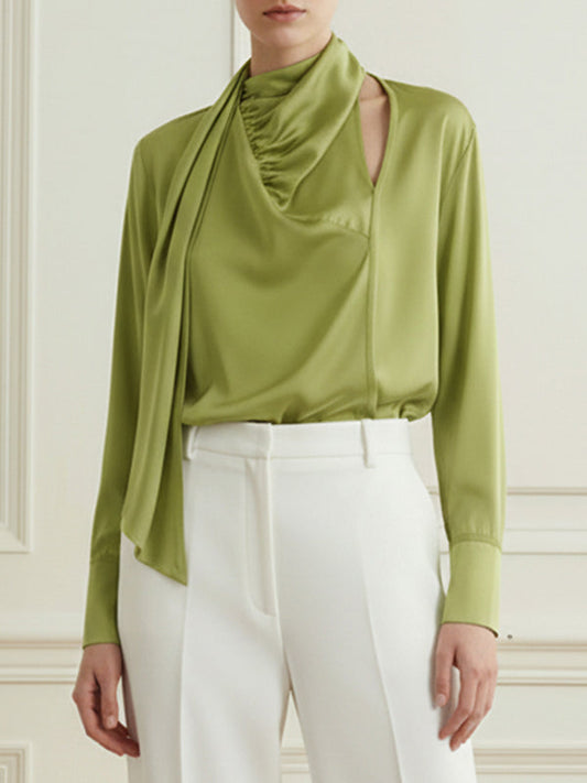 Long Sleeves Loose Asymmetric Hollow Pleated Streamer Heaps Collar Blouses&Shirts Tops