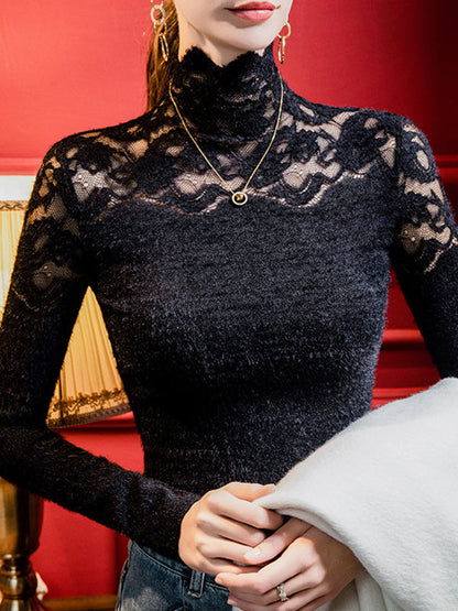 Long Sleeves Skinny Plus Size Solid Color Split-Joint High Neck T-Shirts Tops