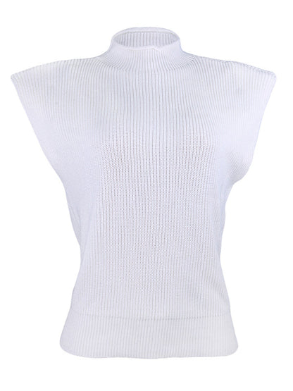 Casual Cap Sleeve Solid Color High-Neck Sweater Tops Pullovers