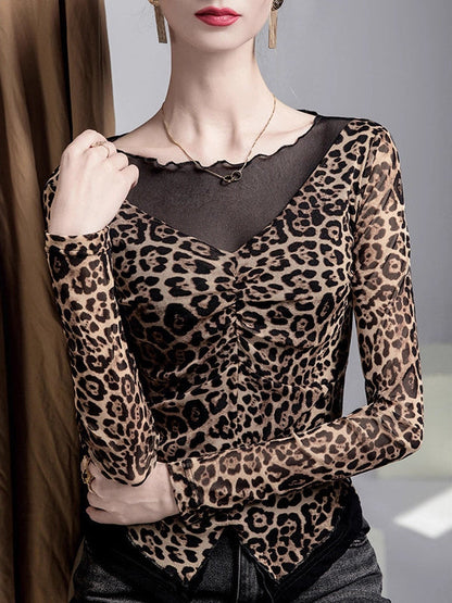 False Two Long Sleeves Leopard Pleated Split-Joint Boat Neck T-Shirts Tops